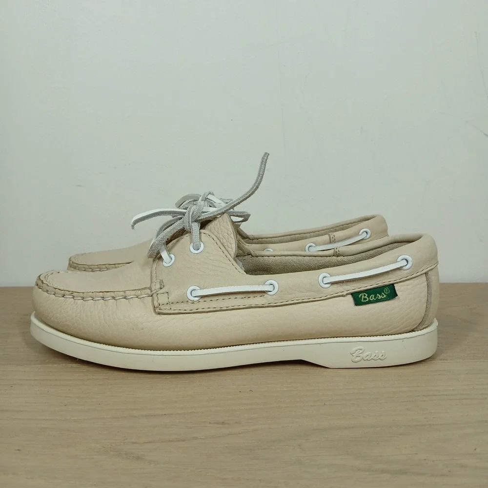 Bass Boaters Leather Boat Shoes Mens 7.5M Cream Leather Preppy Coastal Classic